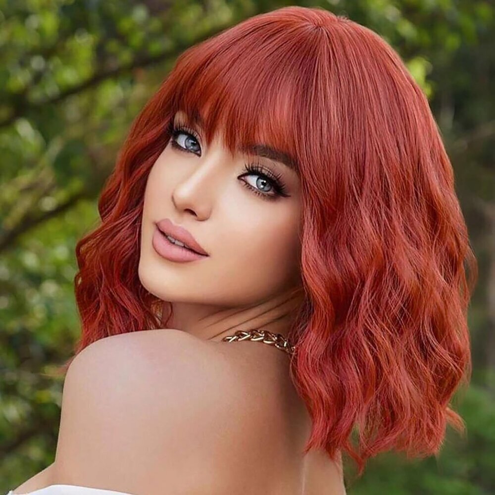 Women's Red 14 Inches Short Pastel Wavy Curly Shoulder Length Synthetic Wig